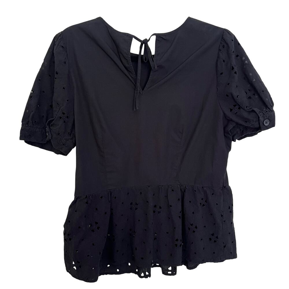 Who What Wear, Eyelet Peplum Top, Black, 100% Cotton, Puff Sleeve Blouse - Picture 3 of 12